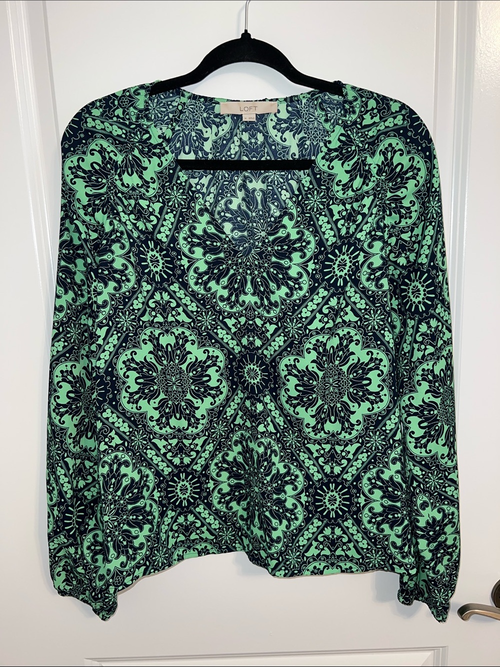 LOFT Black and Green Medallion Print Blouse